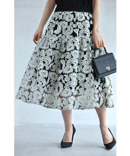エレガントな花刺繍シアーベールミディアムスカート　