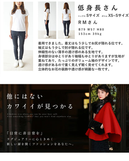 煌めく花が咲くふんわりバルーン袖シアーブラウストップス　