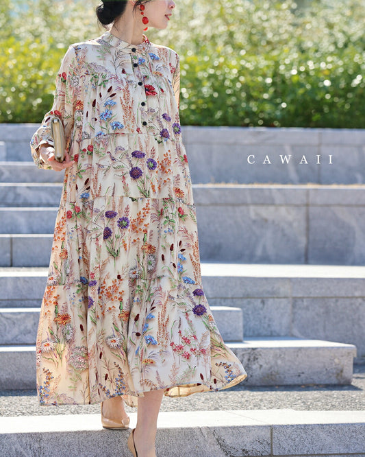 季節を彩る花集めティアードロングワンピース（紐リボン付き）