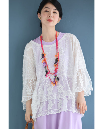 ふんわり柔らかなシアーベールの刺繍ブラウストップス　4/13新作