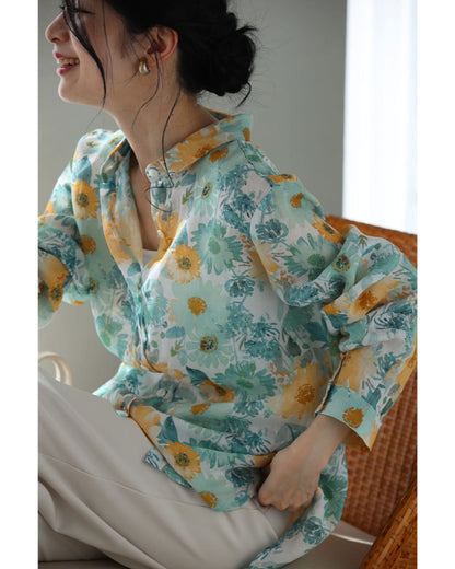 涼しく柔らかな花の水彩画シャツトップス　4/19新作