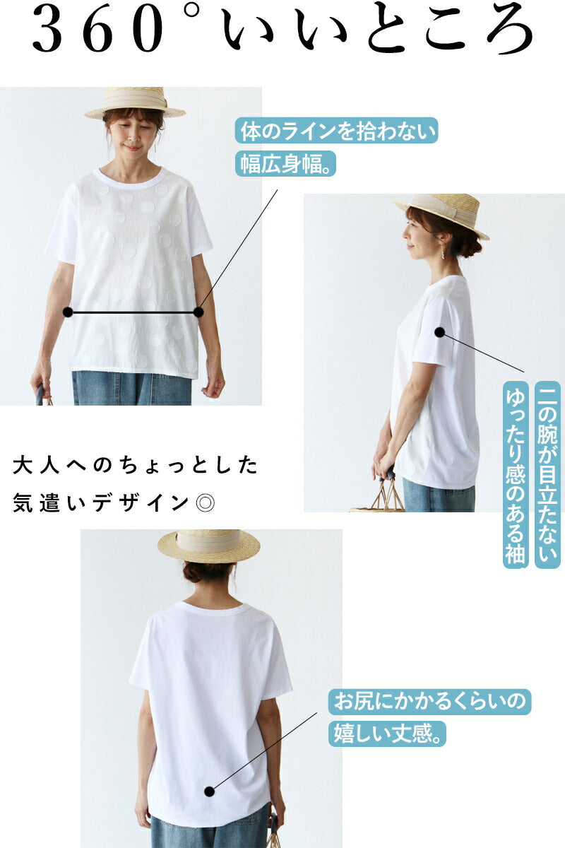 【b08574ko】<br>トップス カットソー Tシャツ 体型カバー半袖 大人気商品 プルオーバー コットン 水玉 ドット ブラック ネイビー ホワイトレディース カジュアル かわいい 個性的 どこにもない 30代 40代 50代 60代 sanpo