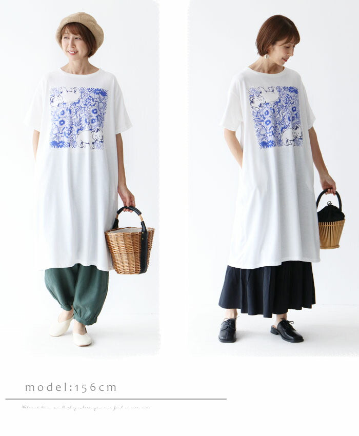 【b13072od】トップス 体型カバーアニマル柄 Tシャツ ロングTシャツ ブルドッグ カットソー プリント柄 ホワイト 白 半袖 レディース カジュアル かわいい 個性的 どこにもない ゆったり 30代 40代 50代 60代 sanpo