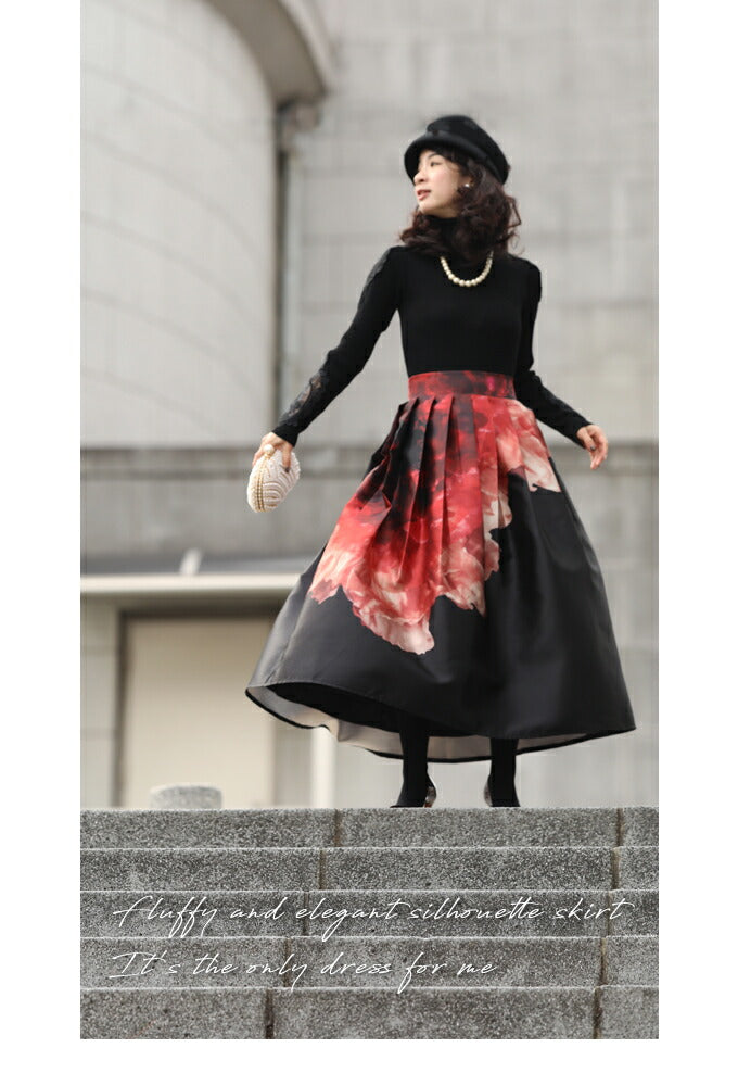 fch00010】(S~L対応)（黒）麗しい艶花フレアロングスカート – todoku