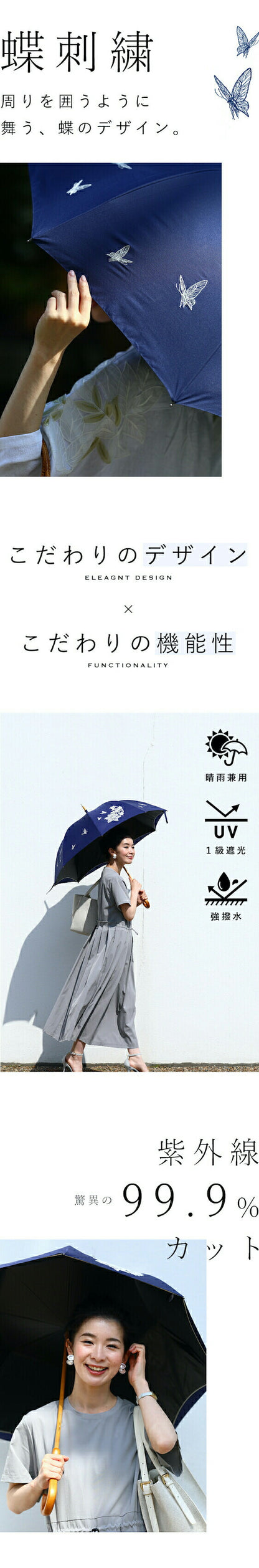 【fne00001】UVカット99.9% 花と蝶舞うコード刺繍の晴雨兼用日傘