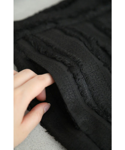 【fzp00038od】（M対応）（黒）浮き立つフリンジラインのスリット裾ワイドパンツ