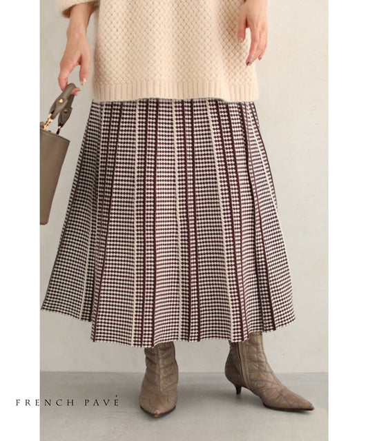 【w53249】細やかな柄模様の折りニットミディアムスカート