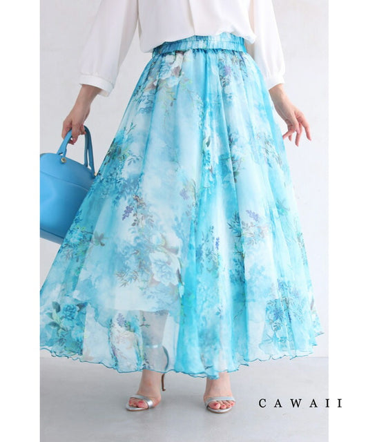 wc品番変更【w53658】☆☆（S~3L対応）透明感溢れる水面花ロングスカート