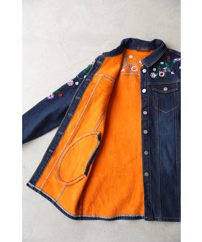 【wc-w54329】（S~L対応）鮮やかな花刺繍が可愛いデニムミディアムジャケット