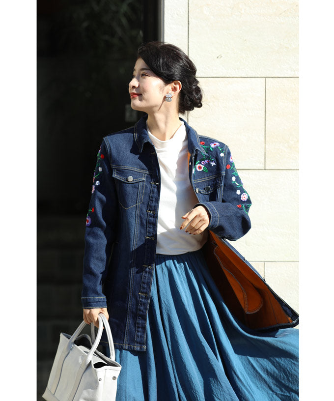 【wc-w54329】（S~L対応）鮮やかな花刺繍が可愛いデニムミディアムジャケット