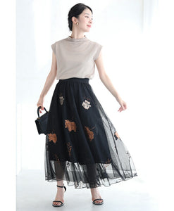 【w54453od】（S~L対応）（黒）花刺繍ワッペンのチュールミディアムスカート