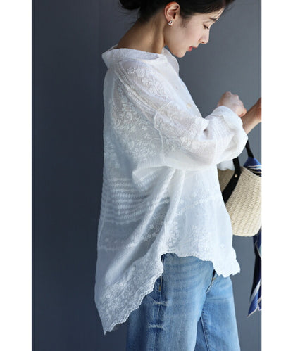 【w60156ps】（S〜3L対応）どこから見ても刺繍にうっとり ガーゼシャツ