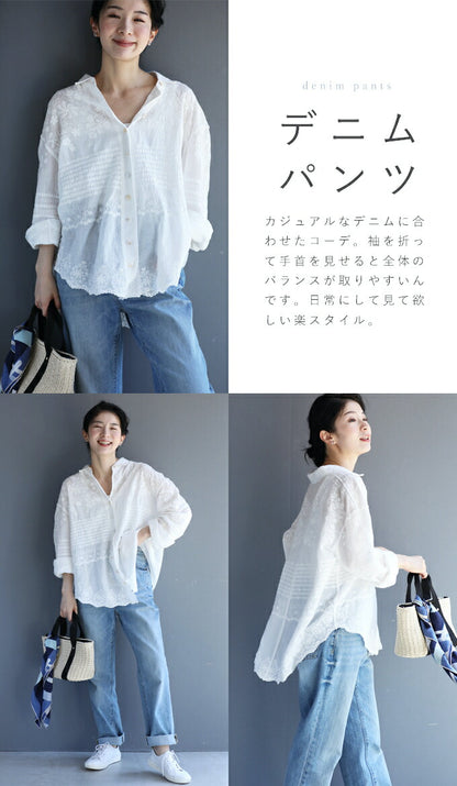 【w60156ps】（S〜3L対応）どこから見ても刺繍にうっとり ガーゼシャツ