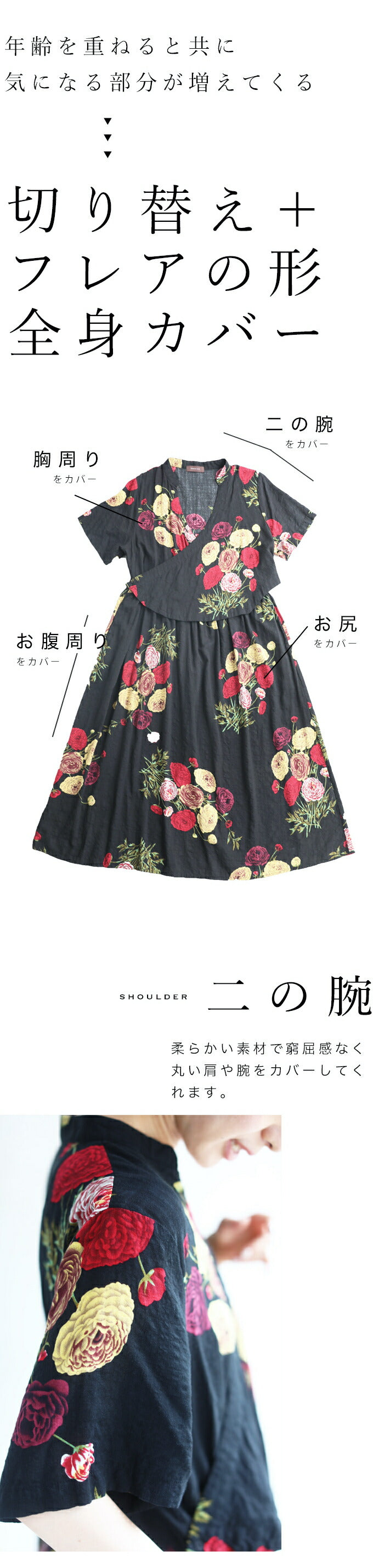 【w68081bk】◇◇（S~L/2L~3L対応）（ブラック）花のカシュクール風ワンピース