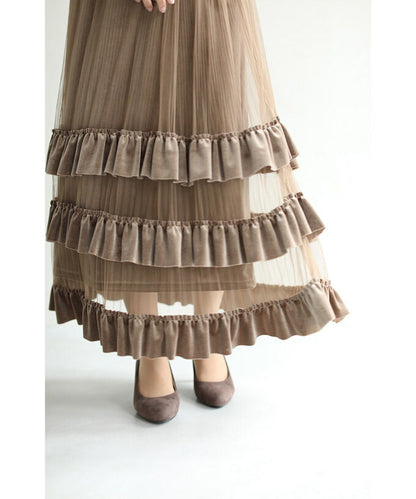 【w68873】ベロアフリルのベールを纏うロングスカート