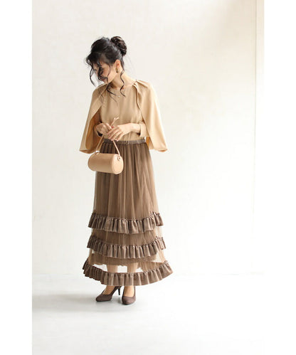 【w68873】ベロアフリルのベールを纏うロングスカート