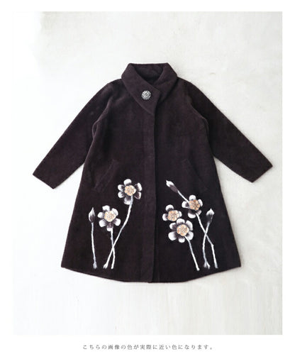 【w69138】ビジュー輝く花。ぷっくり襟のシャギーニットコート