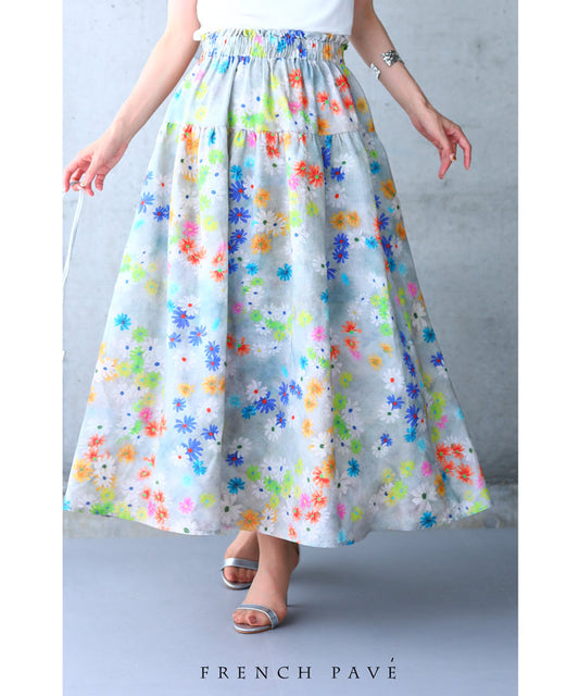 残りわずか【w69970】（S~L対応）「FRENCH PAVE」色とりどりの花が咲くフレアミディアムスカート