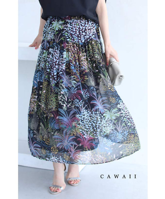 【wk00143】（S~L対応）「CAWAII」軽やかに揺らめくボタニカル柄ミディアムスカート