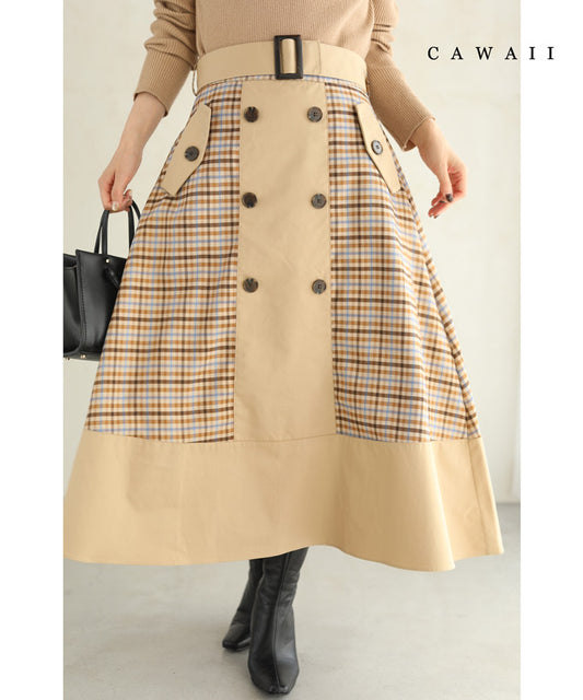 【wk00426】（S~L対応）（ベルト付き）チェックが可愛いトレンチミディアムスカート