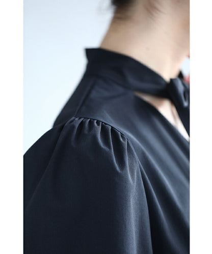 【wk00457】（S~M対応）（黒）上品なネックリボンの裾レースロングワンピース