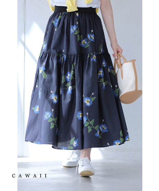 【wkg00444】（S~L対応）（濃紺）可憐な青い花のふんわりミディアムスカート