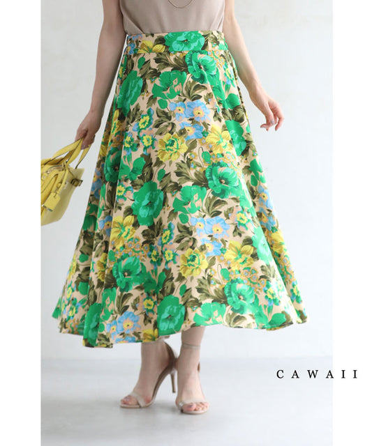 【wkg00524】（S~L対応）鮮やかな花描くミディアムスカート